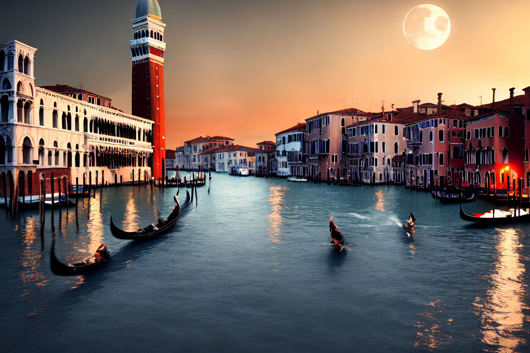 Grand Canal Venice sunset with gondolas, historic buildings, and oversized moon