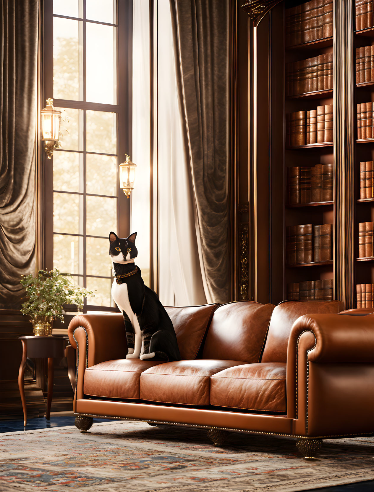 Black and White Cat on Leather Sofa in Classic Library Room