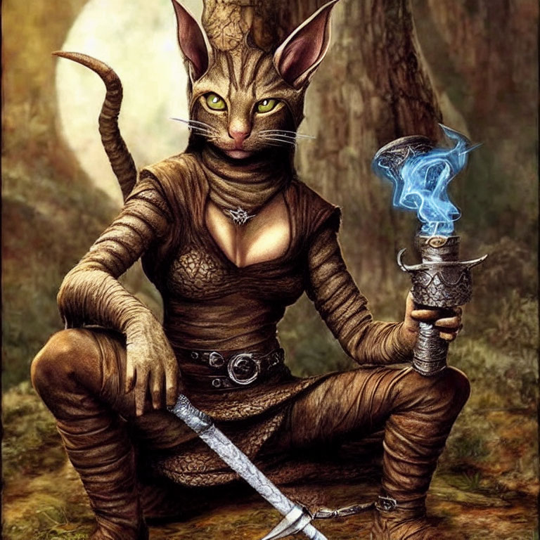Anthropomorphic cat with magical staff in medieval forest