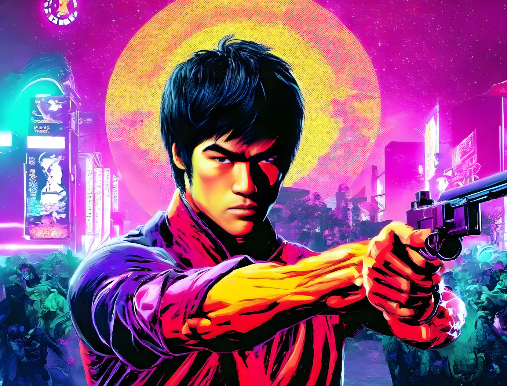 Vibrant illustration of determined man with gun in neon cityscape