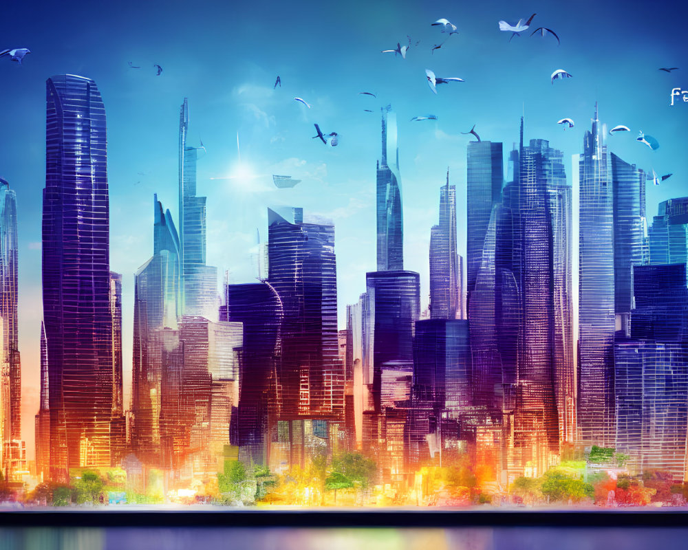 Reflective skyscrapers in vibrant futuristic skyline with birds and colorful glow.