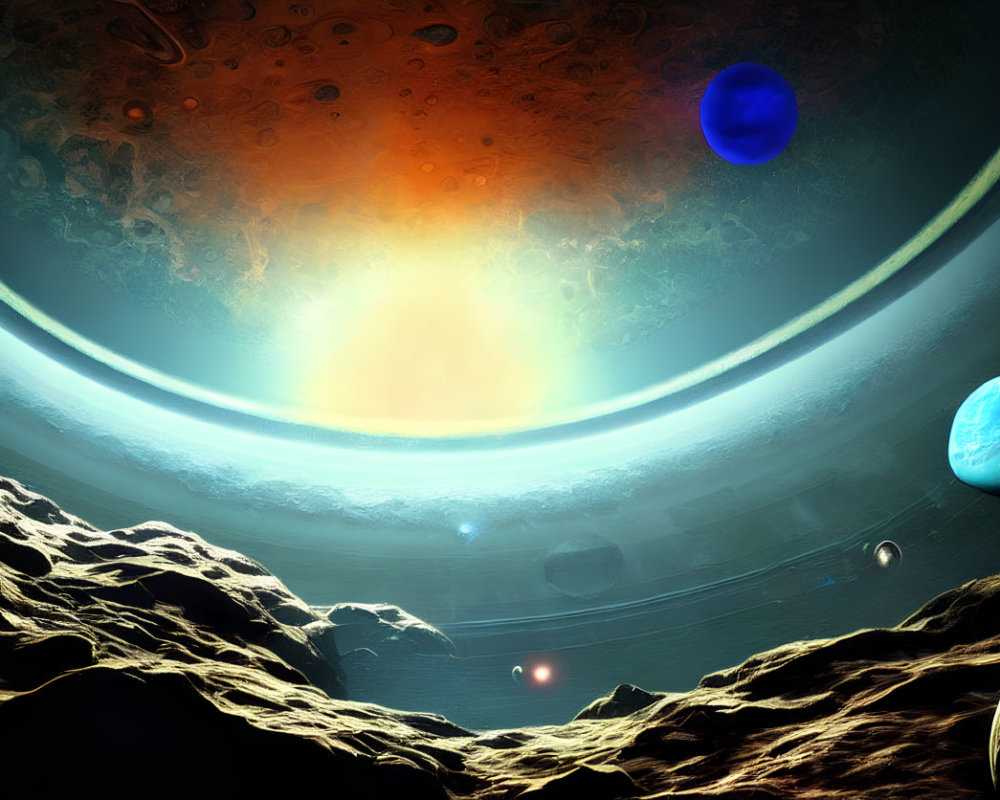 Colorful Space Scene with Planets, Nebula, and Gas Giant