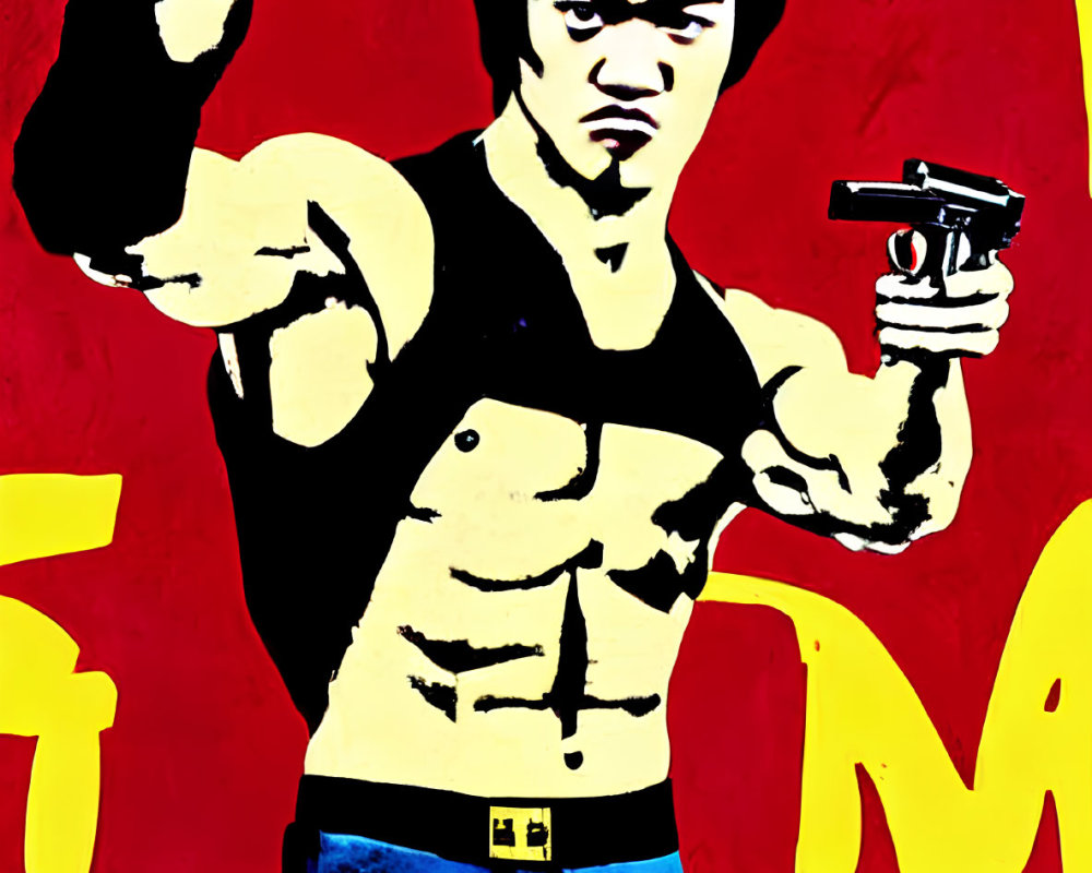 Man in martial arts pose with two guns on red and yellow background