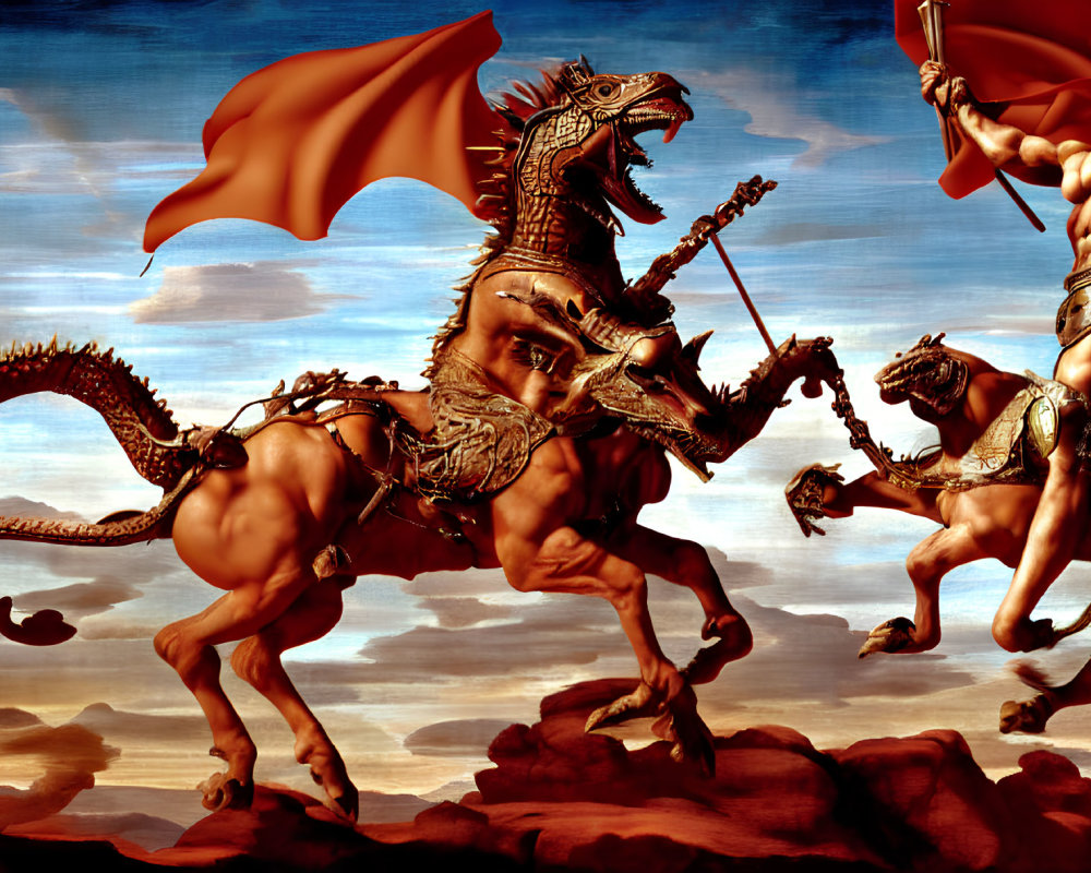 Warriors riding dragon-like creatures in a dramatic sky