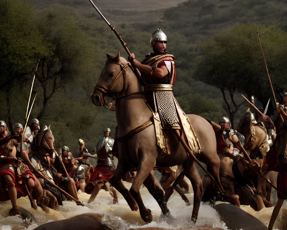 Roman leader on horseback leads soldiers crossing river with spears and shields