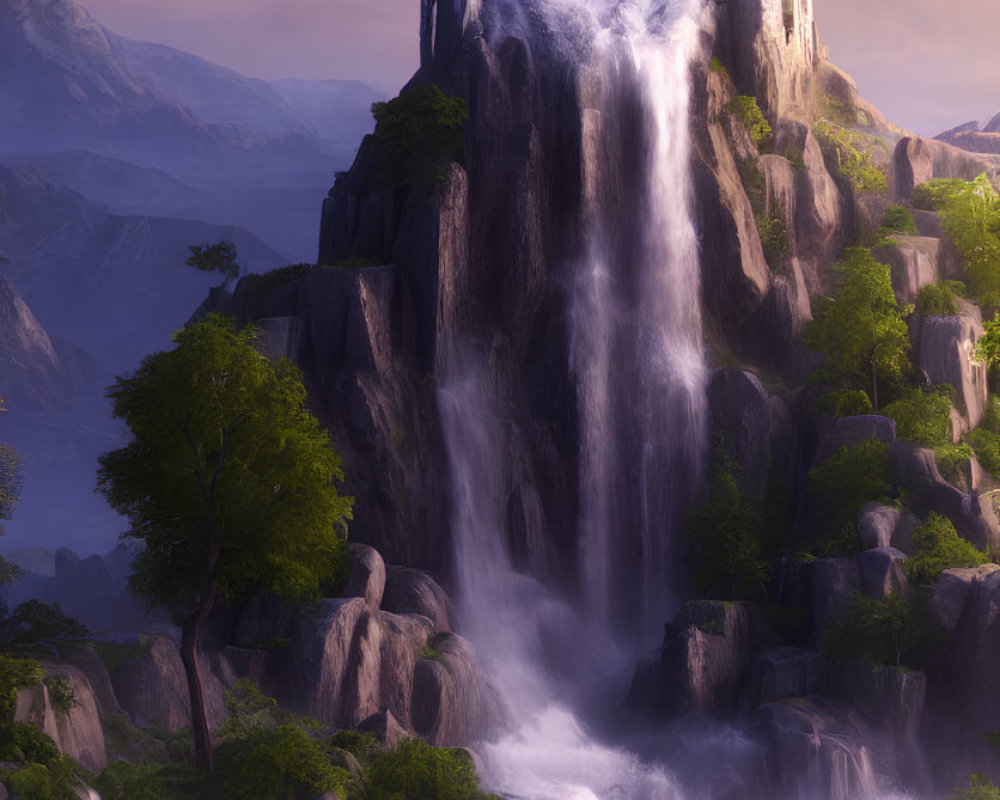 Fantasy castle on waterfall with robed figure at sunrise