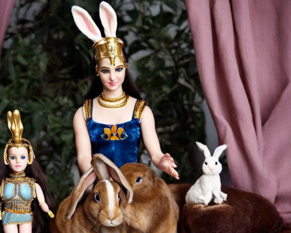 Rabbits with dolls in Cleopatra costume on textured surface