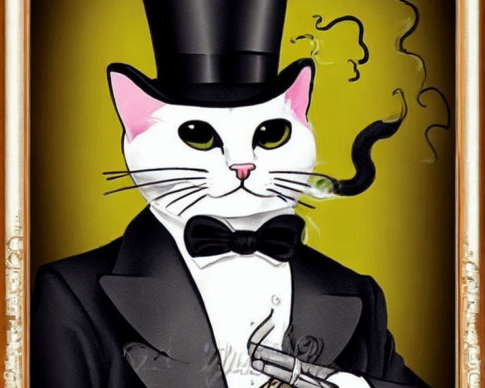 Anthropomorphic white cat in tuxedo and top hat with cigar smoke - sophisticated image