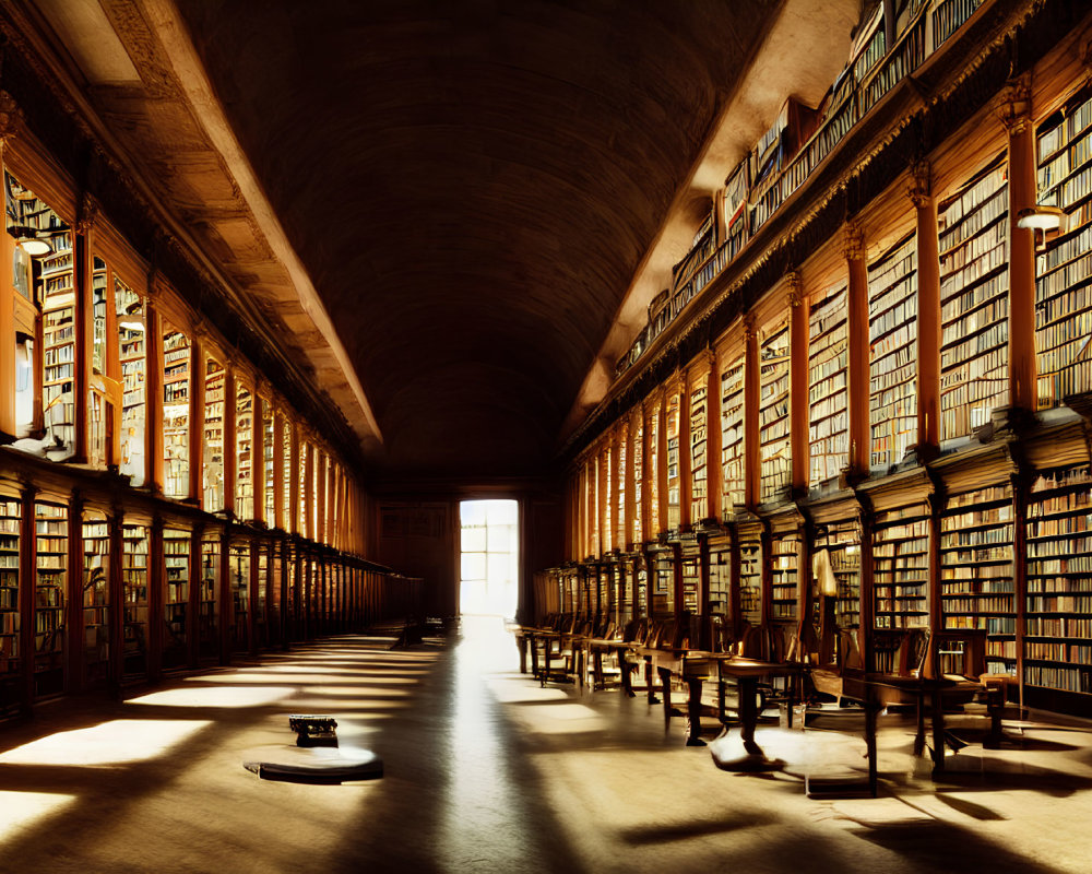 Classical library with wooden bookshelves and reading tables