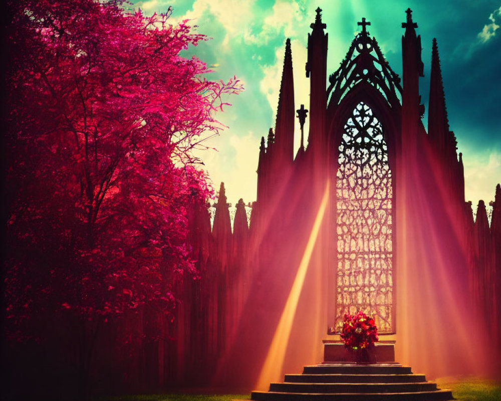 Gothic window with sun rays in surreal landscape with pink tree