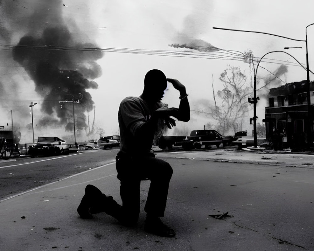 Silhouette of kneeling person amidst burning urban structures