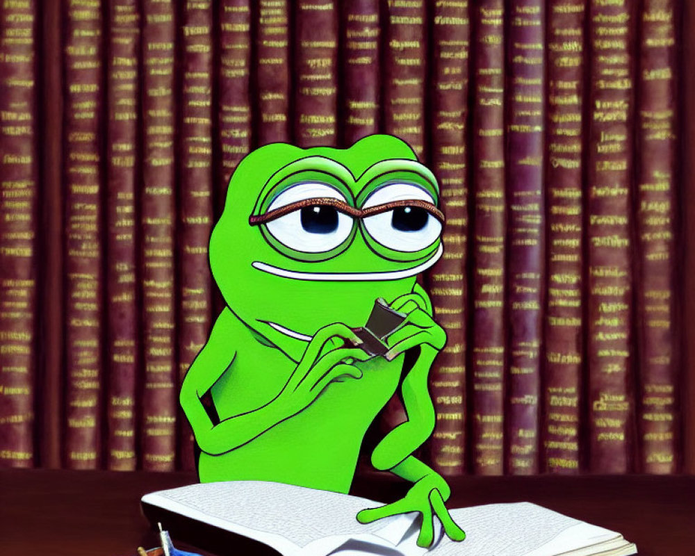 Green frog with glasses reading book at table with chocolate and bullets near bookshelf