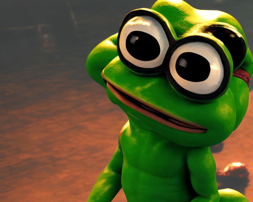 Green Frog in Red Pants on Brown Surface with Glowing Background