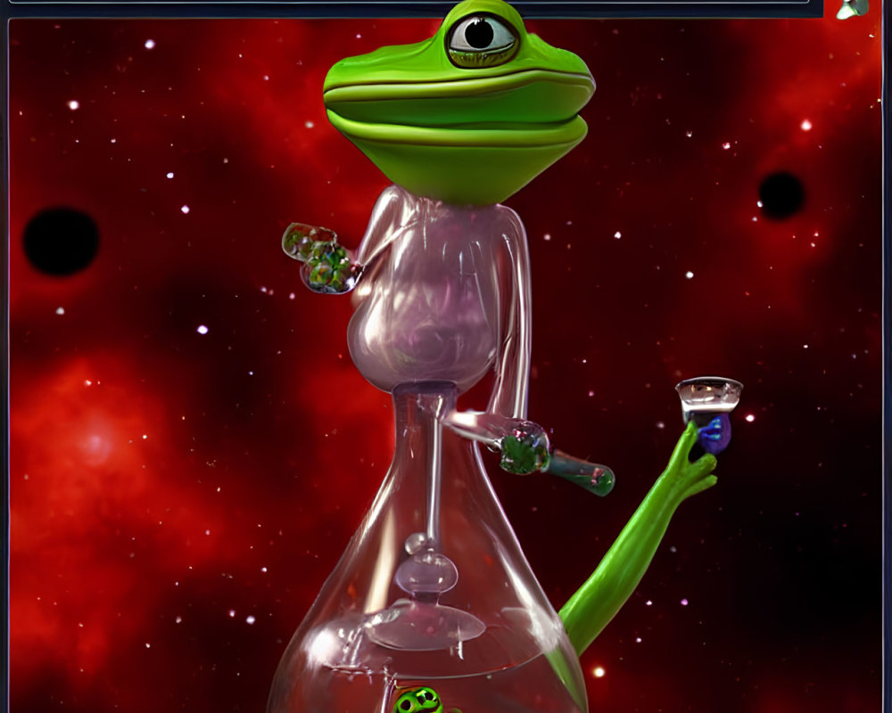 3D illustration of green frog playing trumpet in space helmet