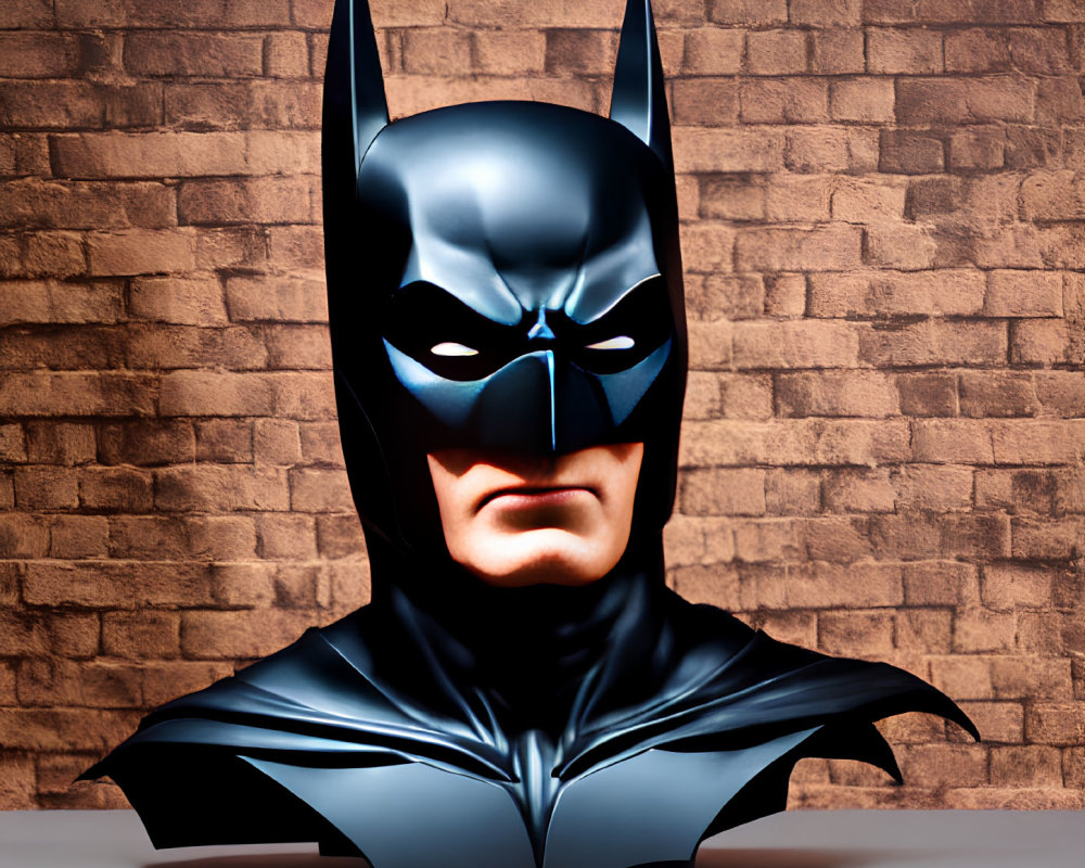 Batman costume with cowl and cape in front of brick wall