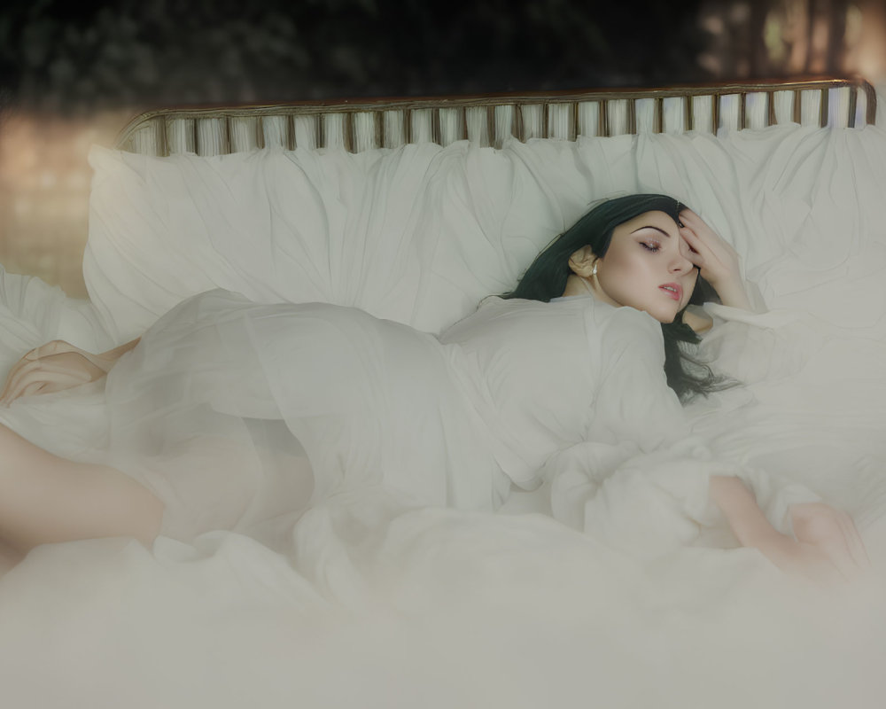 Woman in Bed Draped in White Fabric with Hand on Forehead