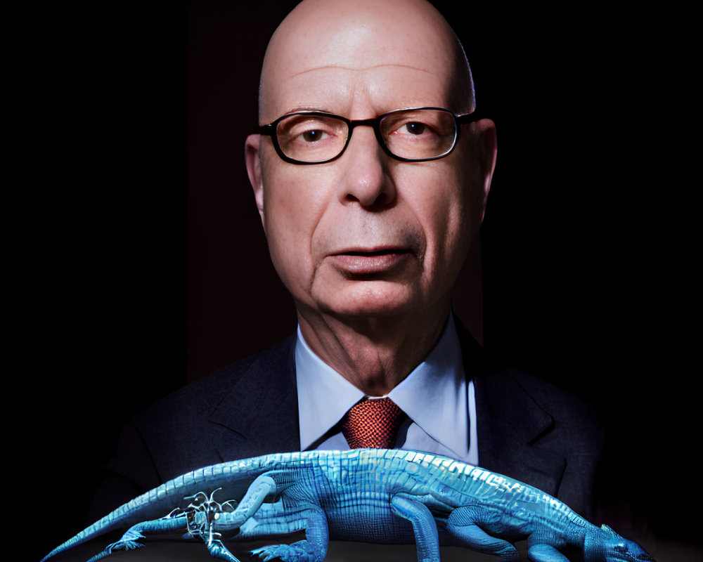 Bald man in suit and tie with glasses and blue lizard