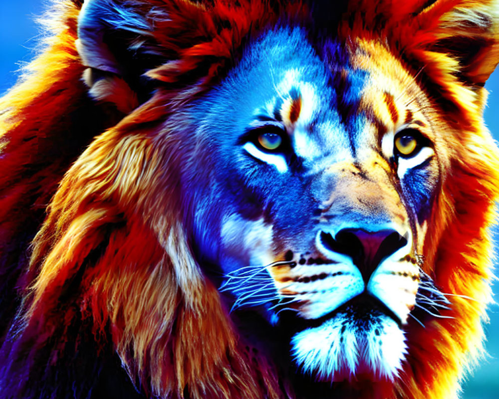 Colorful Lion Head Artwork in Vibrant Blue and Orange Hues