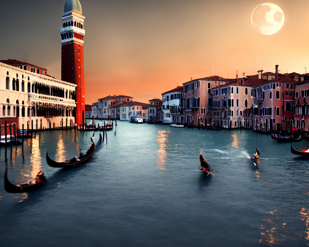 Grand Canal Venice sunset with gondolas, historic buildings, and oversized moon