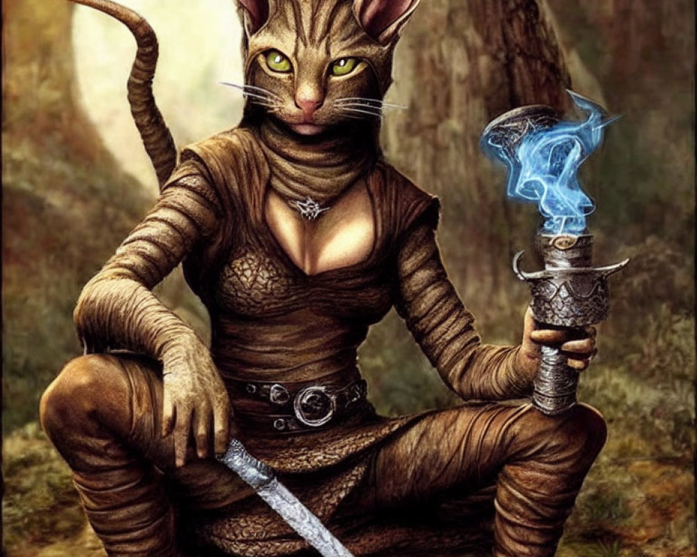 Anthropomorphic cat with magical staff in medieval forest