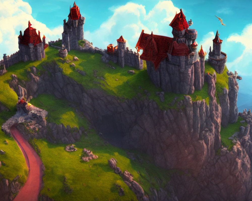 Vibrant fantasy landscape with red-roofed castles, winding path, and lush greenery