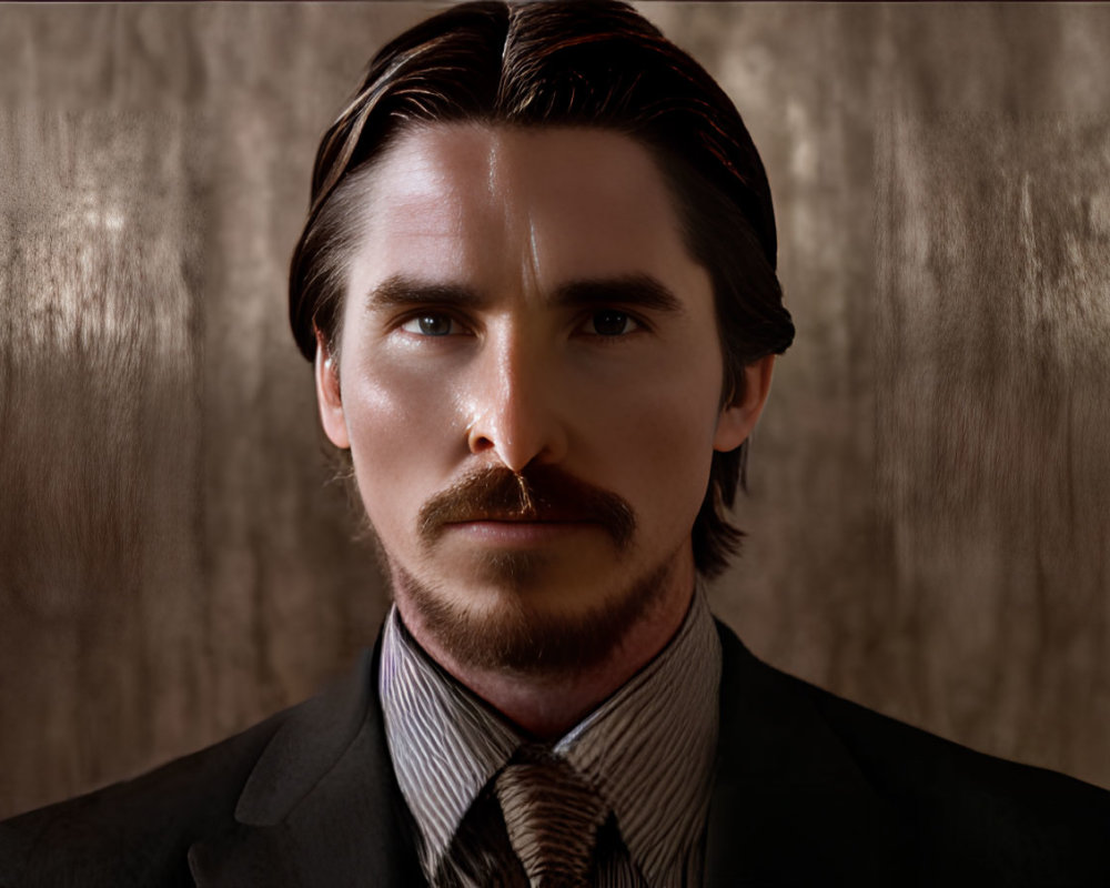 Man with Mustache and Beard in Suit and Tie Against Textured Wall in Dramatic Lighting