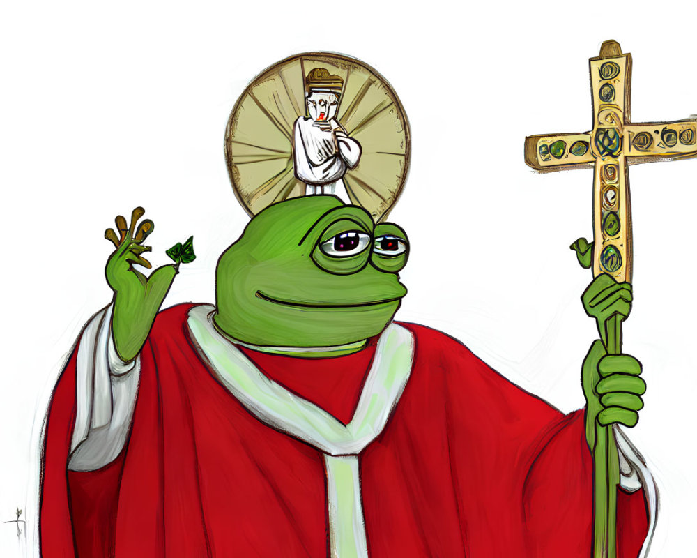 Cartoon frog in red religious robes holding ornate cross with halo.