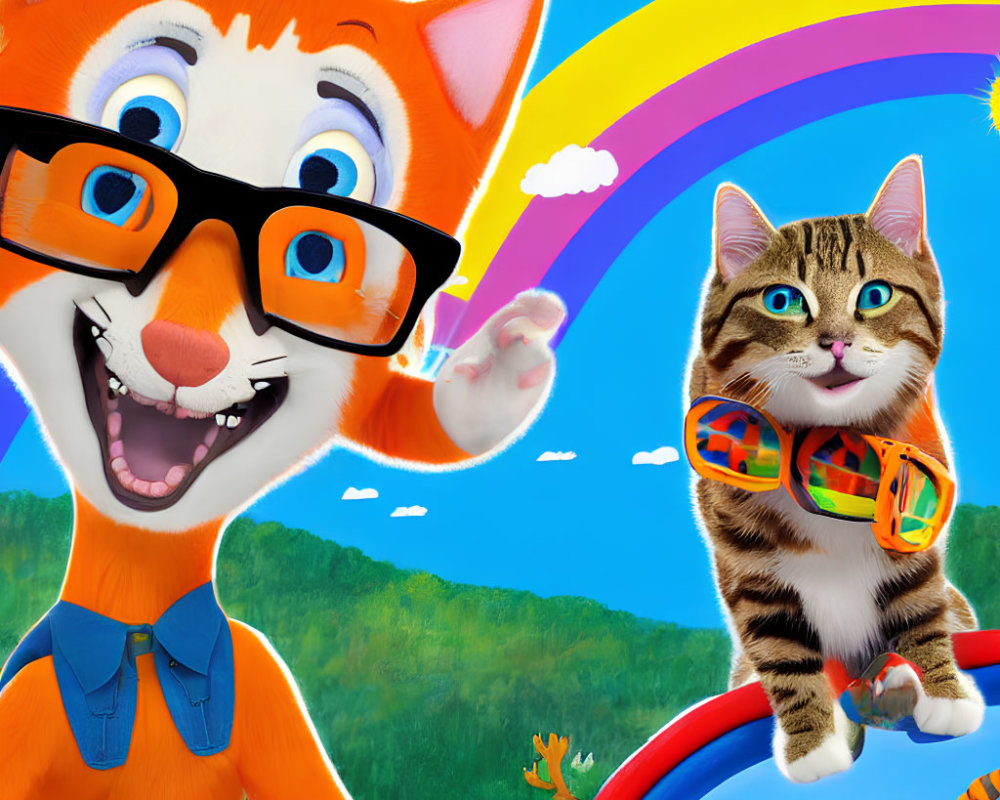 Animated cats with glasses and tambourine against rainbow and blue sky