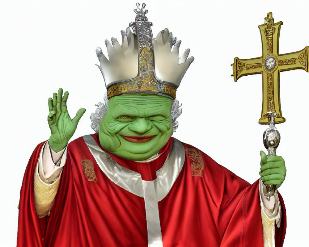 Green character in king attire with crown and scepter