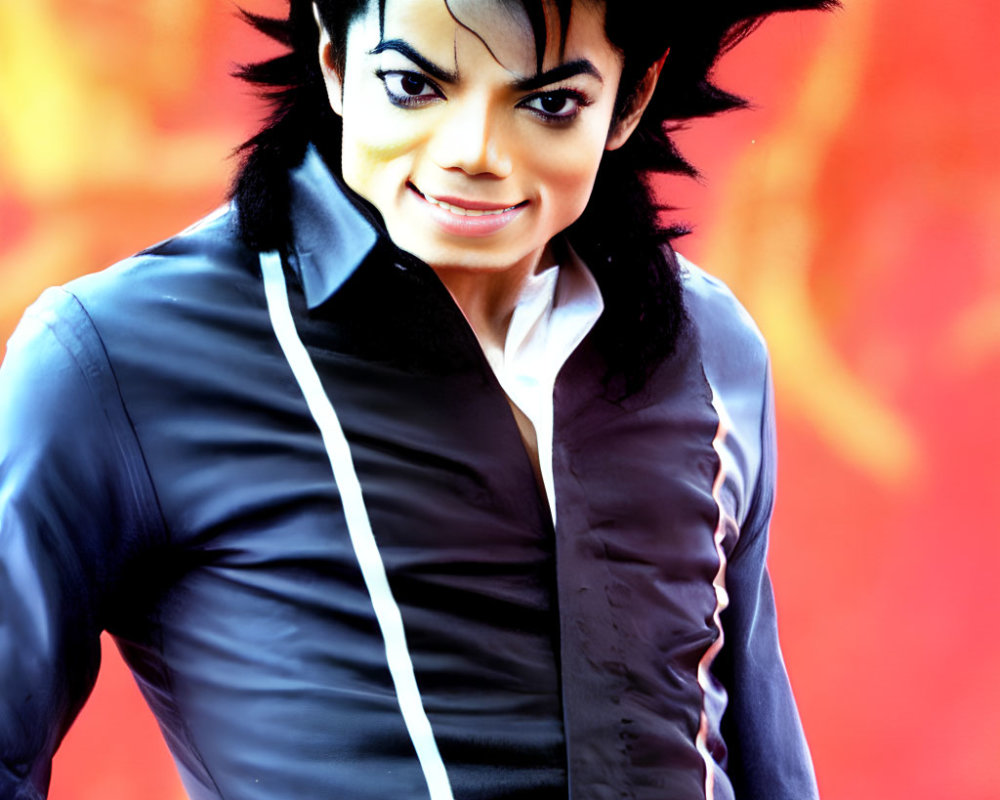 Iconic Hair and Makeup in Black and White Outfit Against Fiery Background