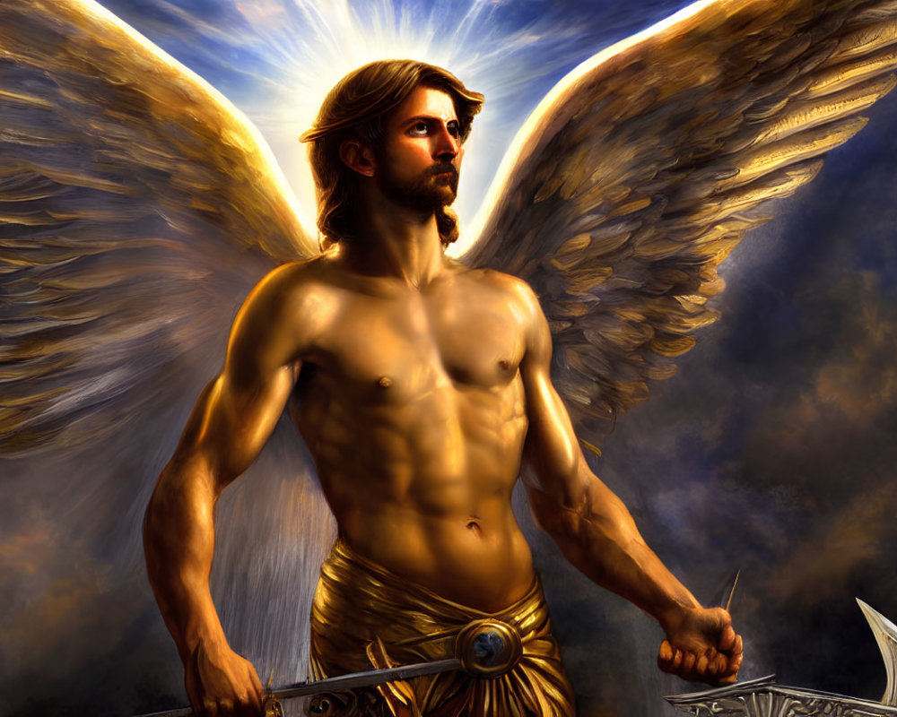 Golden-winged angel with sword under dramatic sky