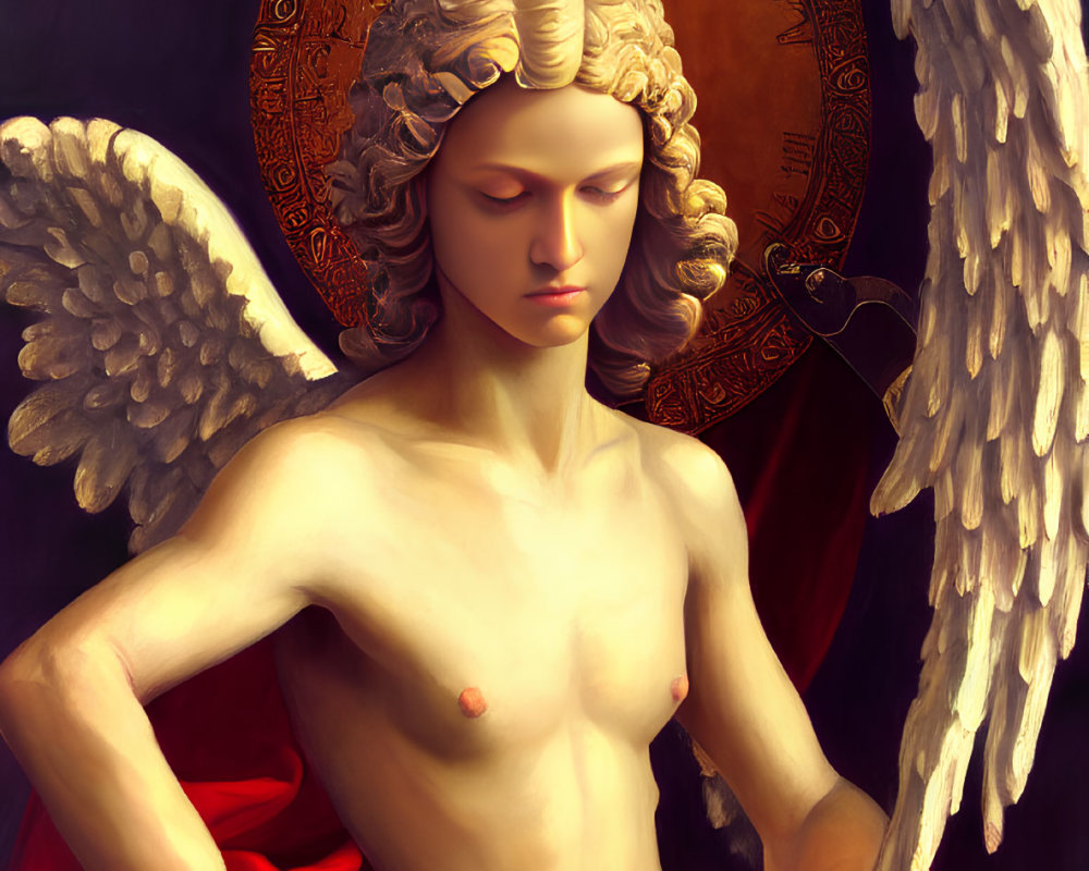 White-winged angel with golden halo and sword in red drape on dark background