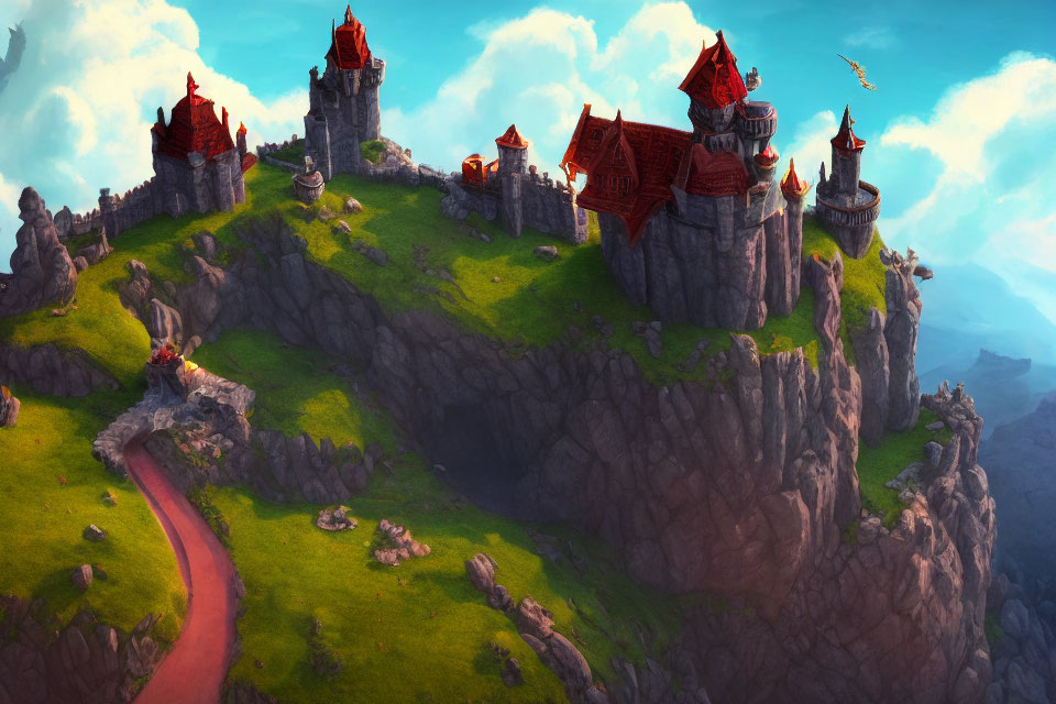 Vibrant fantasy landscape with red-roofed castles, winding path, and lush greenery