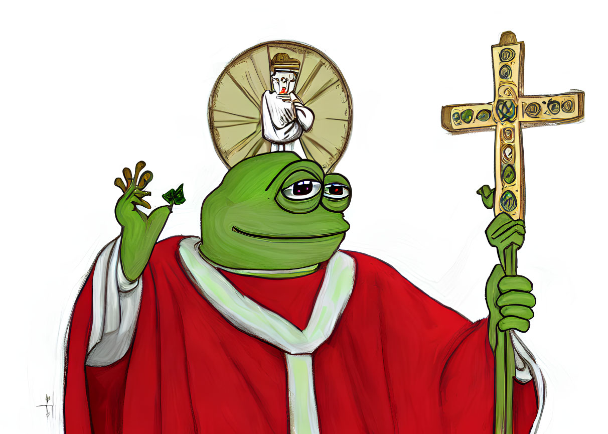 Cartoon frog in red religious robes holding ornate cross with halo.