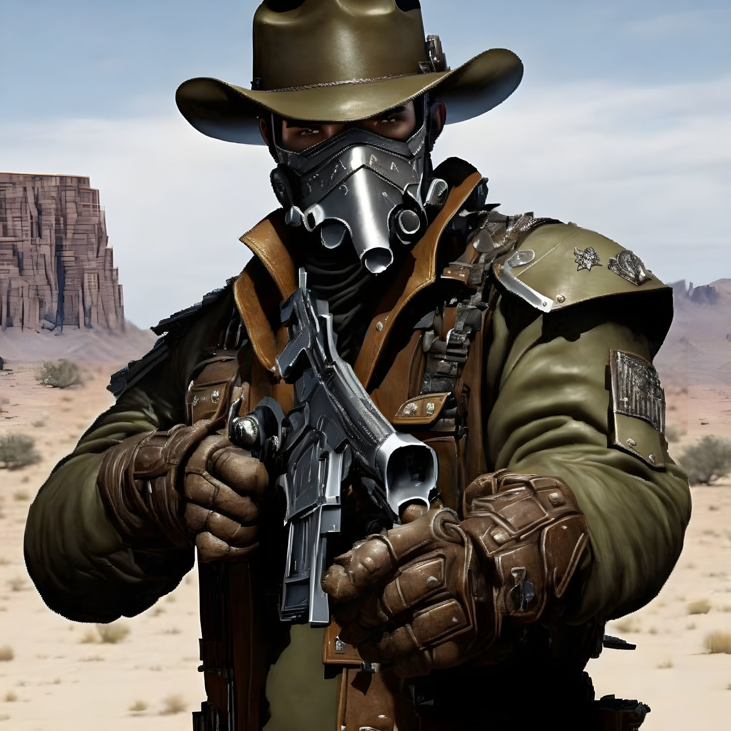 Cowboy hat and gas mask character with revolver in desert scenery