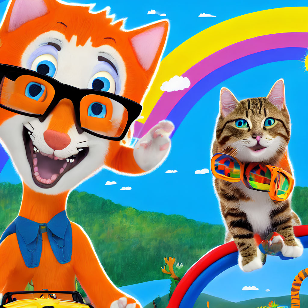 Animated cats with glasses and tambourine against rainbow and blue sky