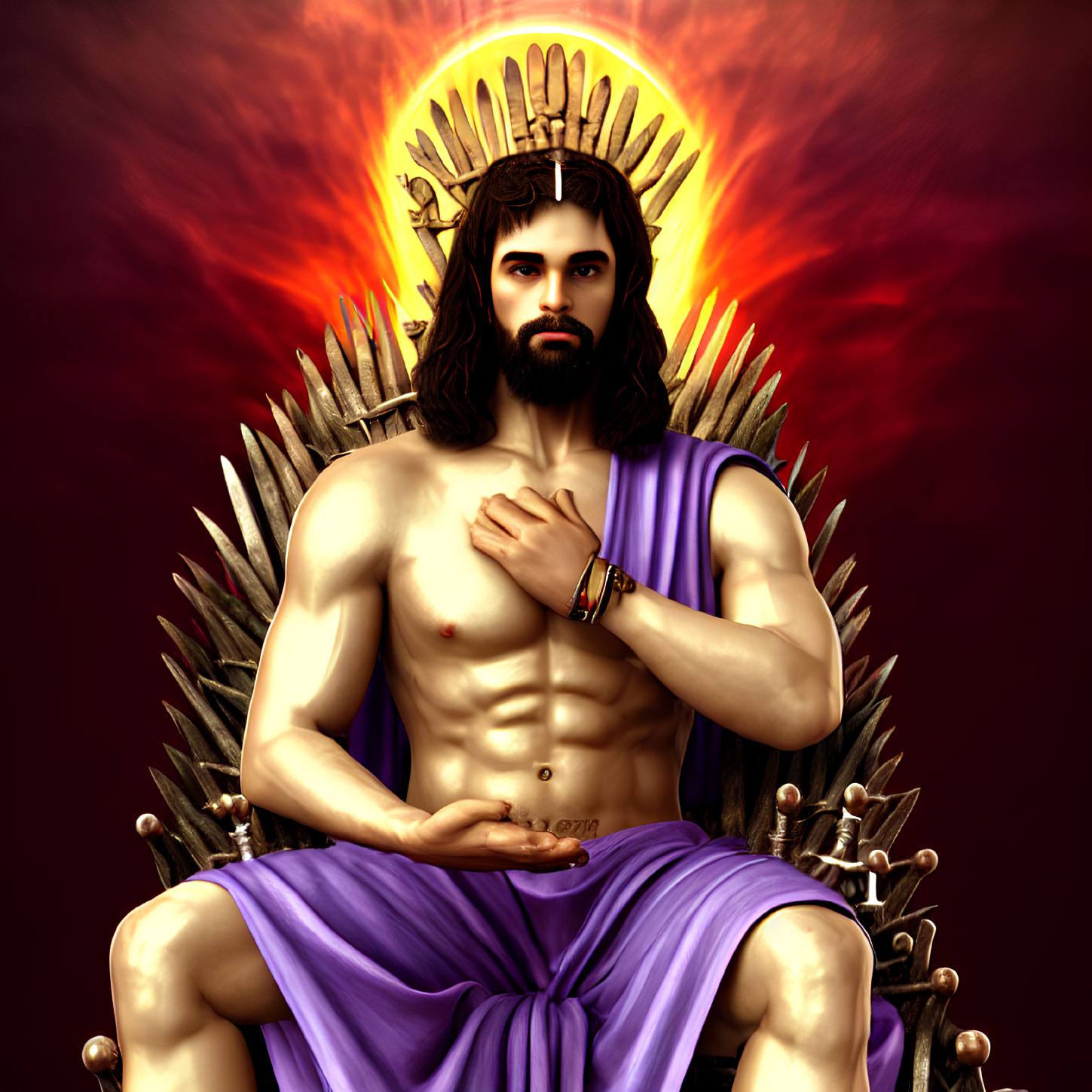 Man with halo in purple drapery on iron throne in meditative pose