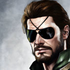 Male character with eyepatch, aviator sunglasses, full beard, and bandana against cloudy sky