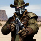 Cowboy hat and gas mask character with revolver in desert scenery