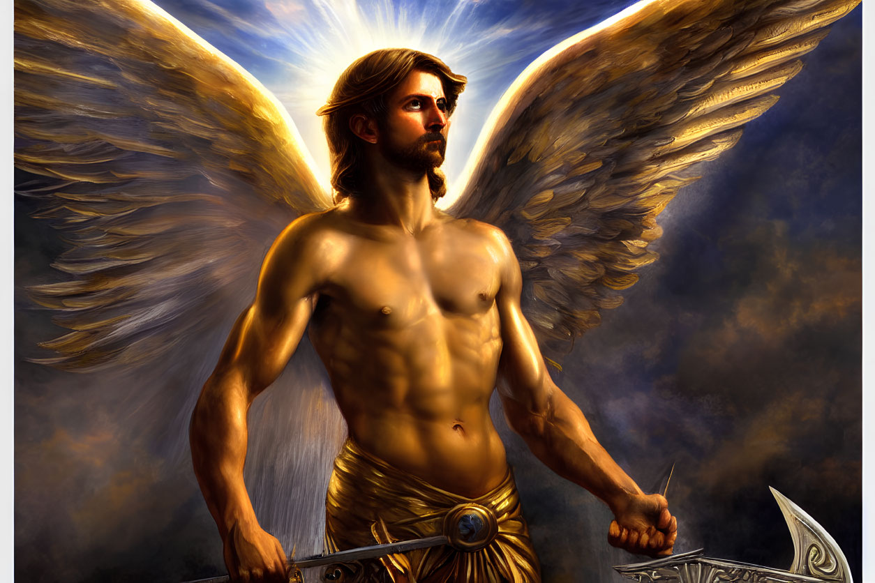 Golden-winged angel with sword under dramatic sky