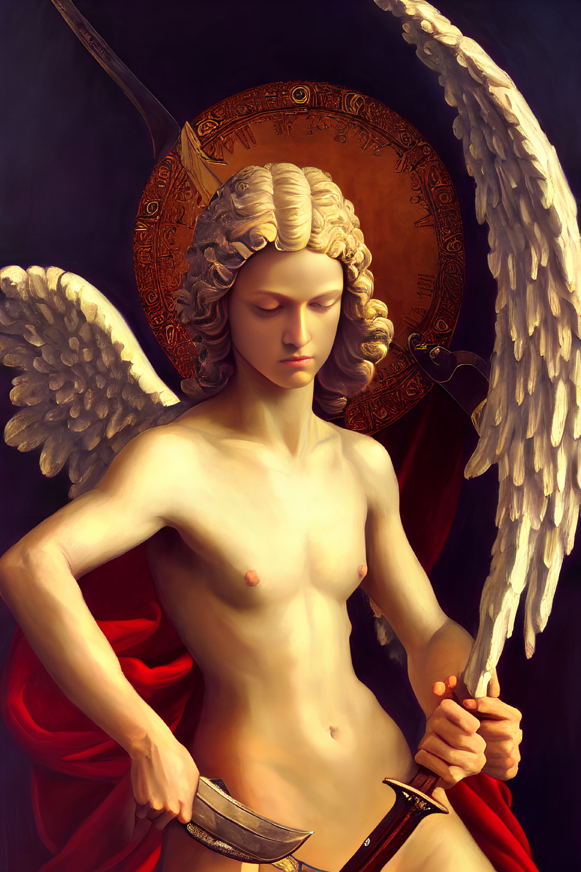 White-winged angel with golden halo and sword in red drape on dark background