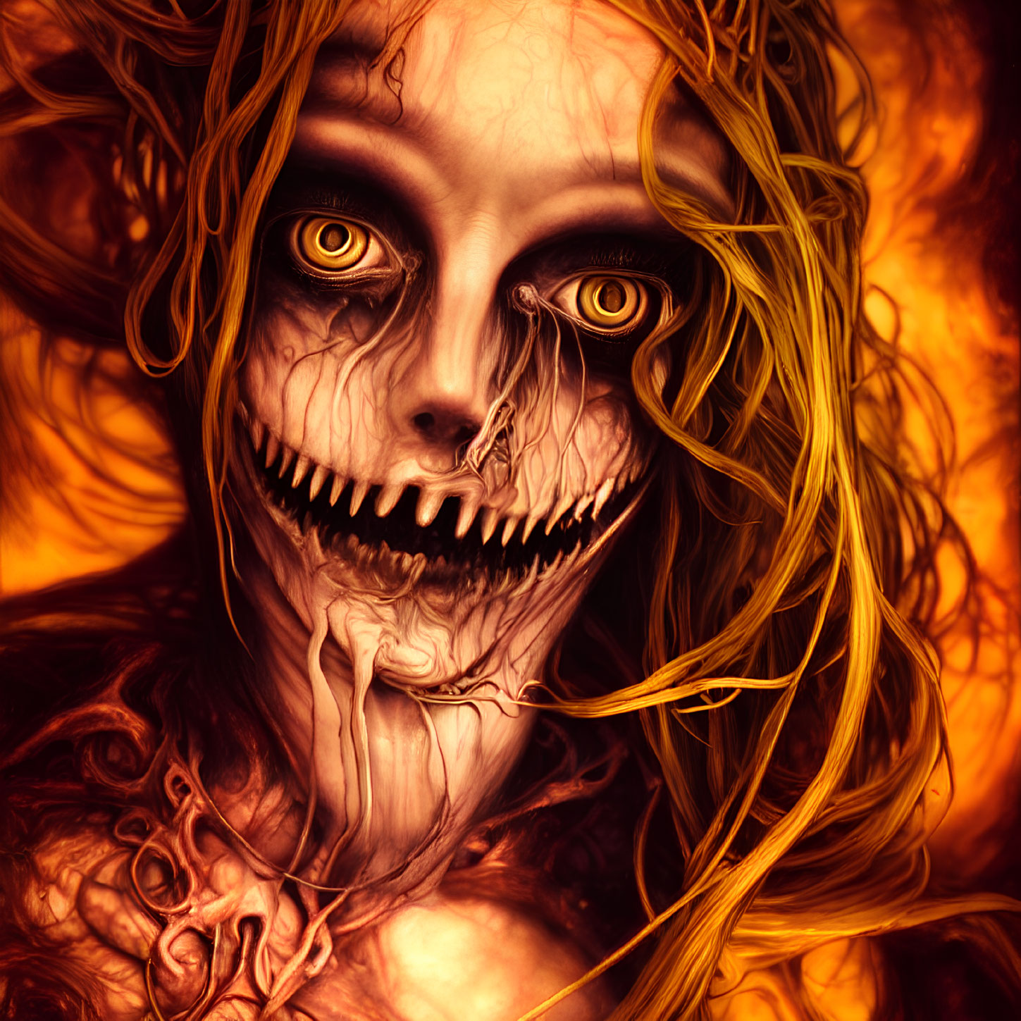 Digital artwork: Fiery skeletal creature with hollow eyes and flame-like hair