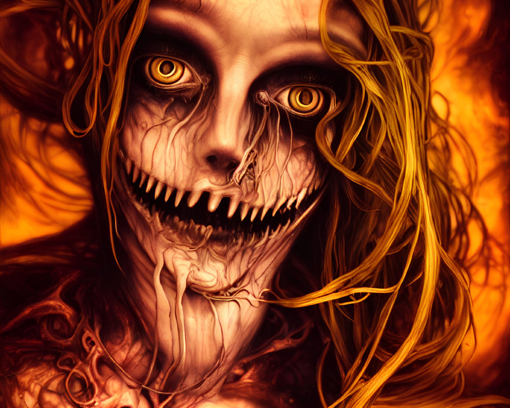 Digital artwork: Fiery skeletal creature with hollow eyes and flame-like hair