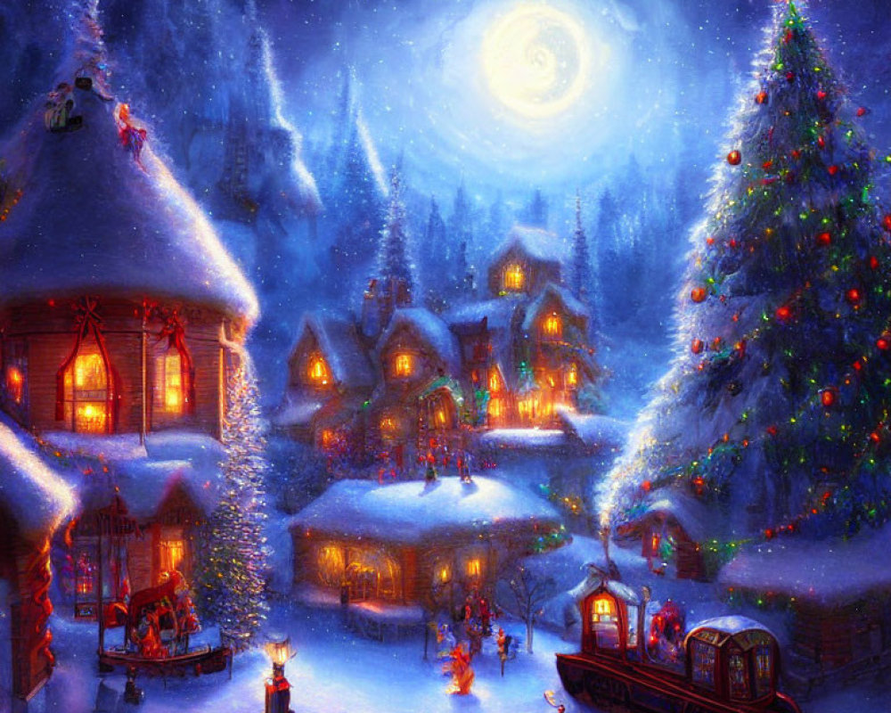 Snow-covered village scene with Christmas tree, full moon, and festive atmosphere