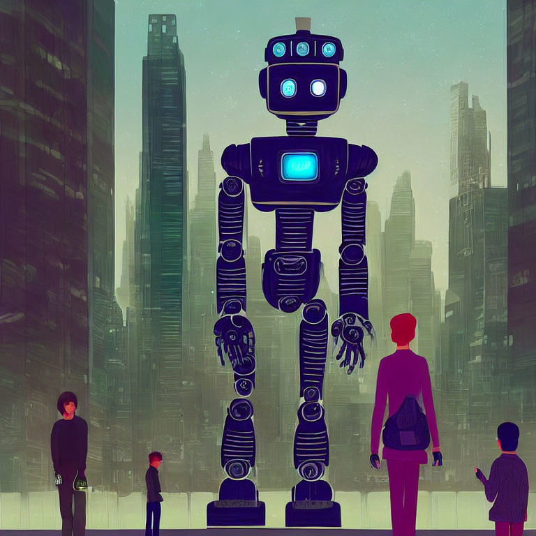 Futuristic cityscape with large friendly robot and humans