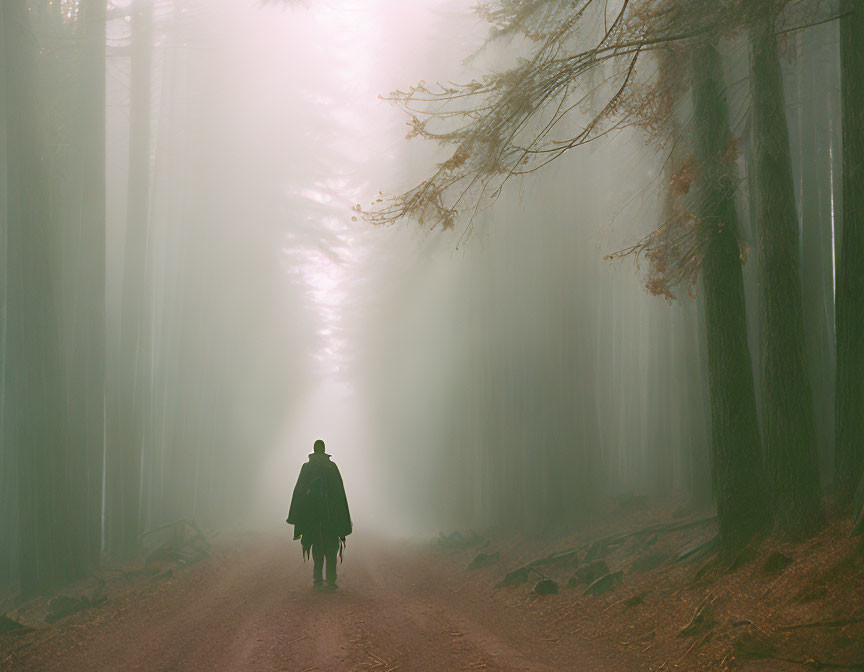 Foggy forest road with towering trees and sunlight filtering through mist