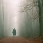 Foggy forest road with towering trees and sunlight filtering through mist