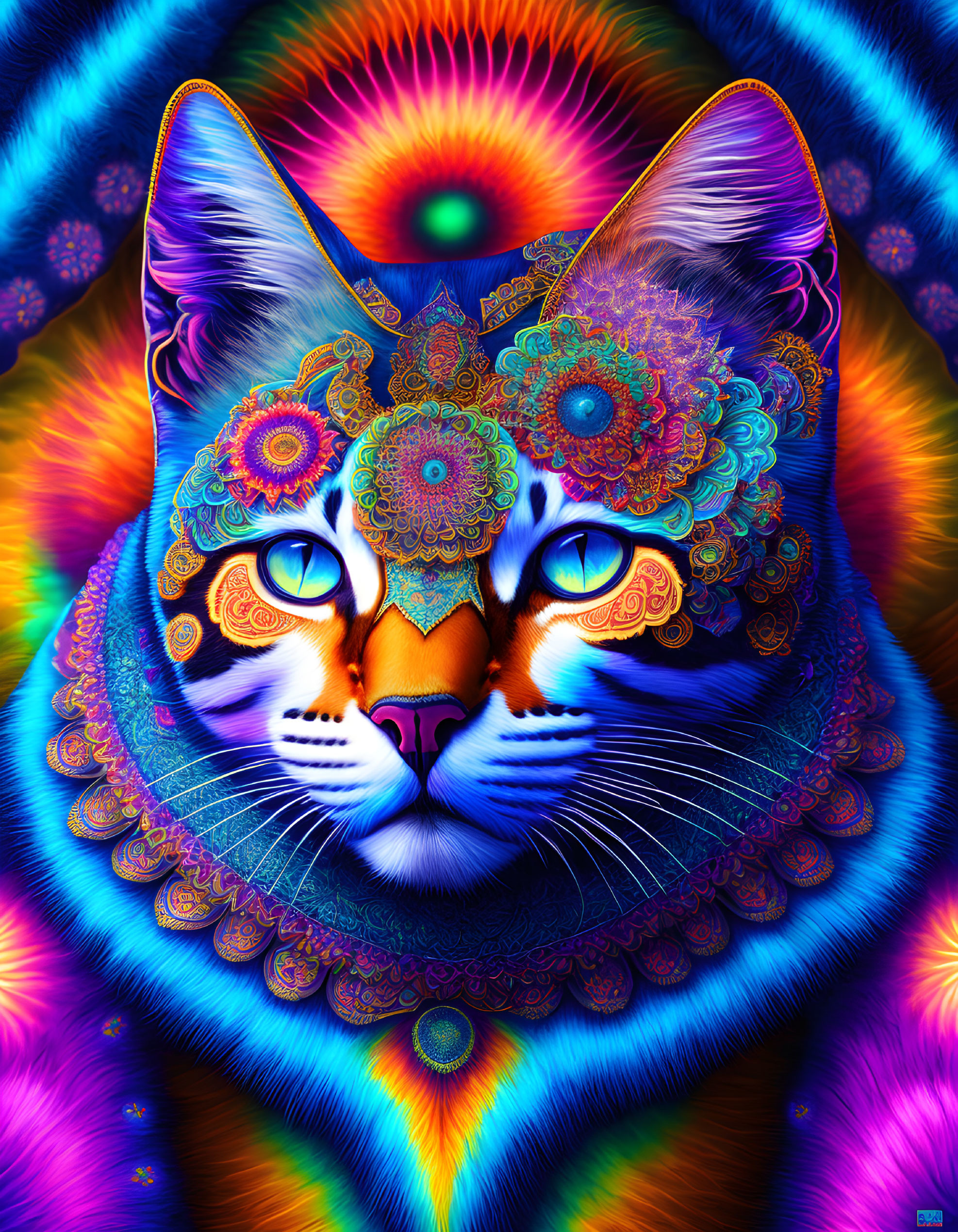 Colorful Psychedelic Cat Art with Third Eye Motif