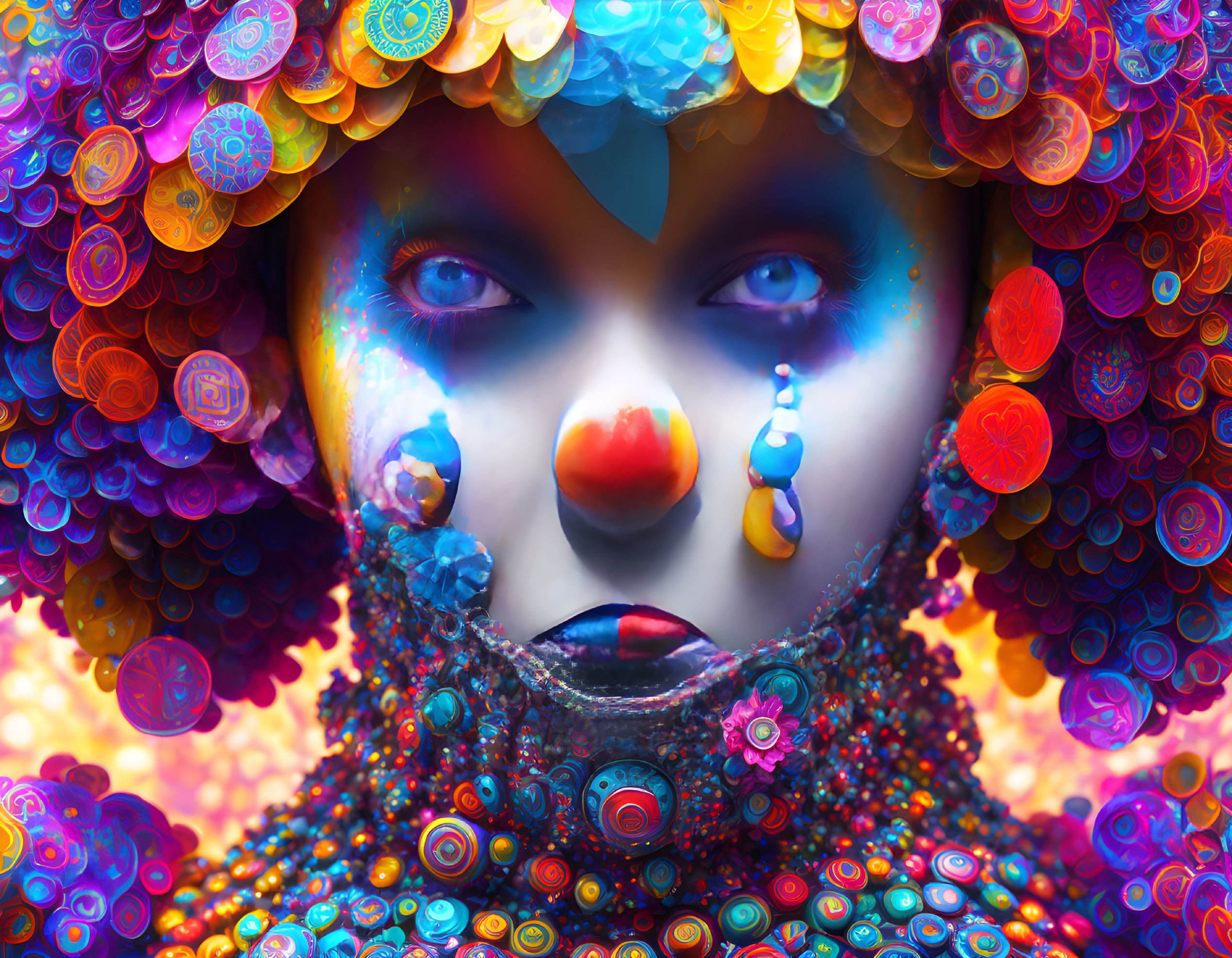 Colorful surreal portrait with clown-like makeup and intricate patterns