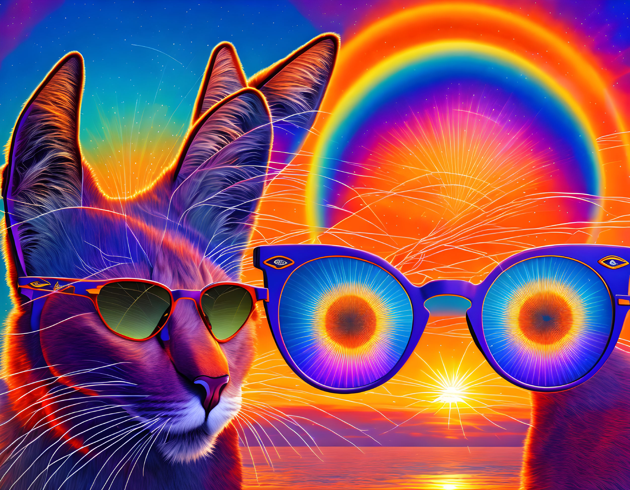 Colorful Cat with Sunglasses Reflecting Eye Pattern in Sunset Rainbow Scene